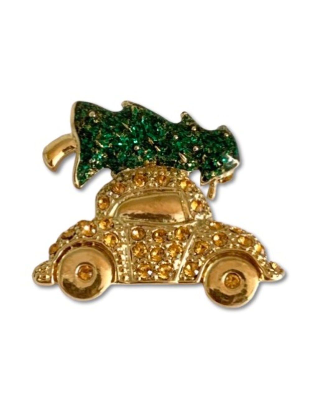 VW Volkswagen Beetle Bug Rhinestone Enamel Gold Tone Christmas Brooch Pin ROMAN